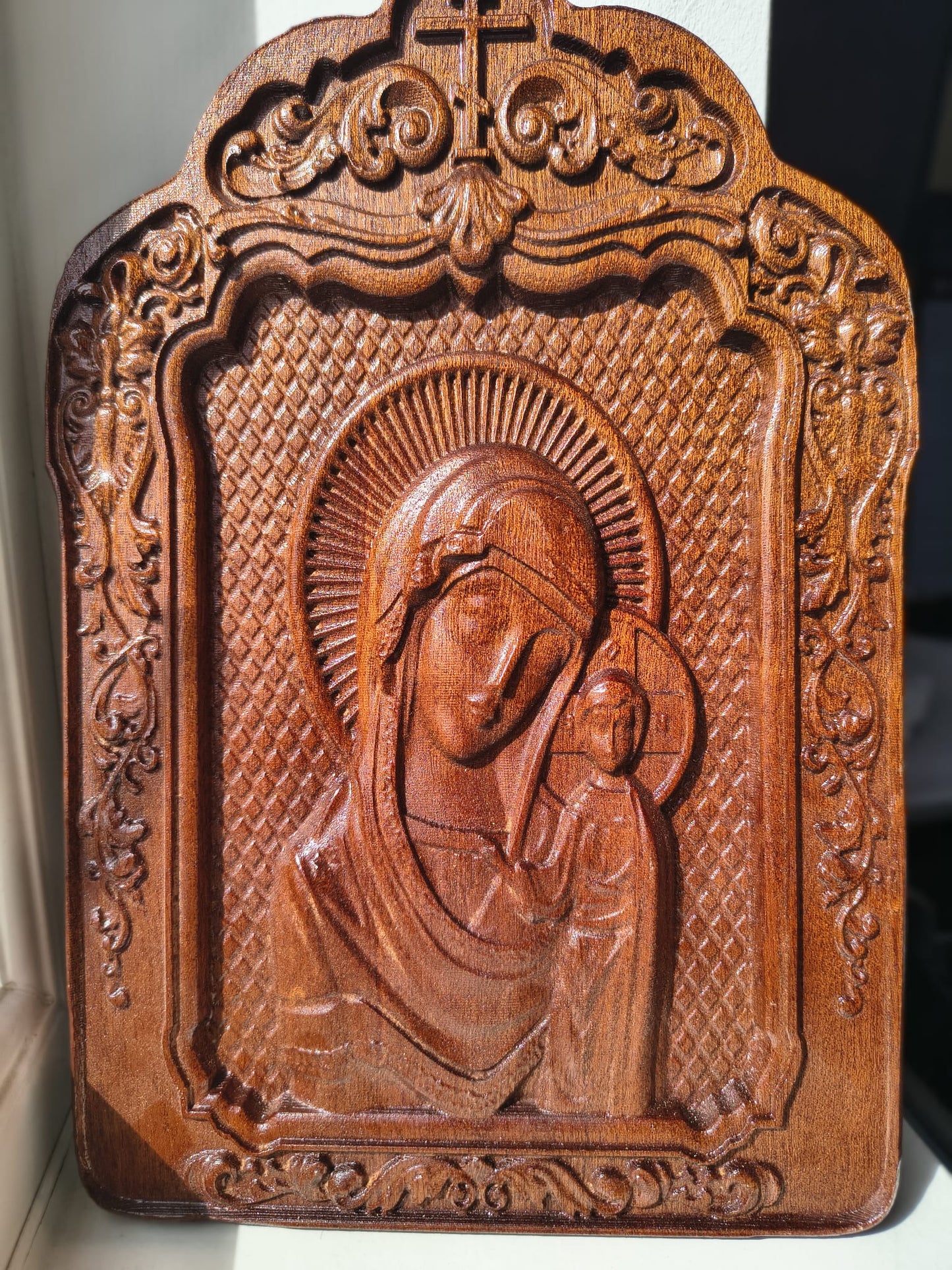 Icon of the Virgin Mary with Child – Mahogany, Relief Carving