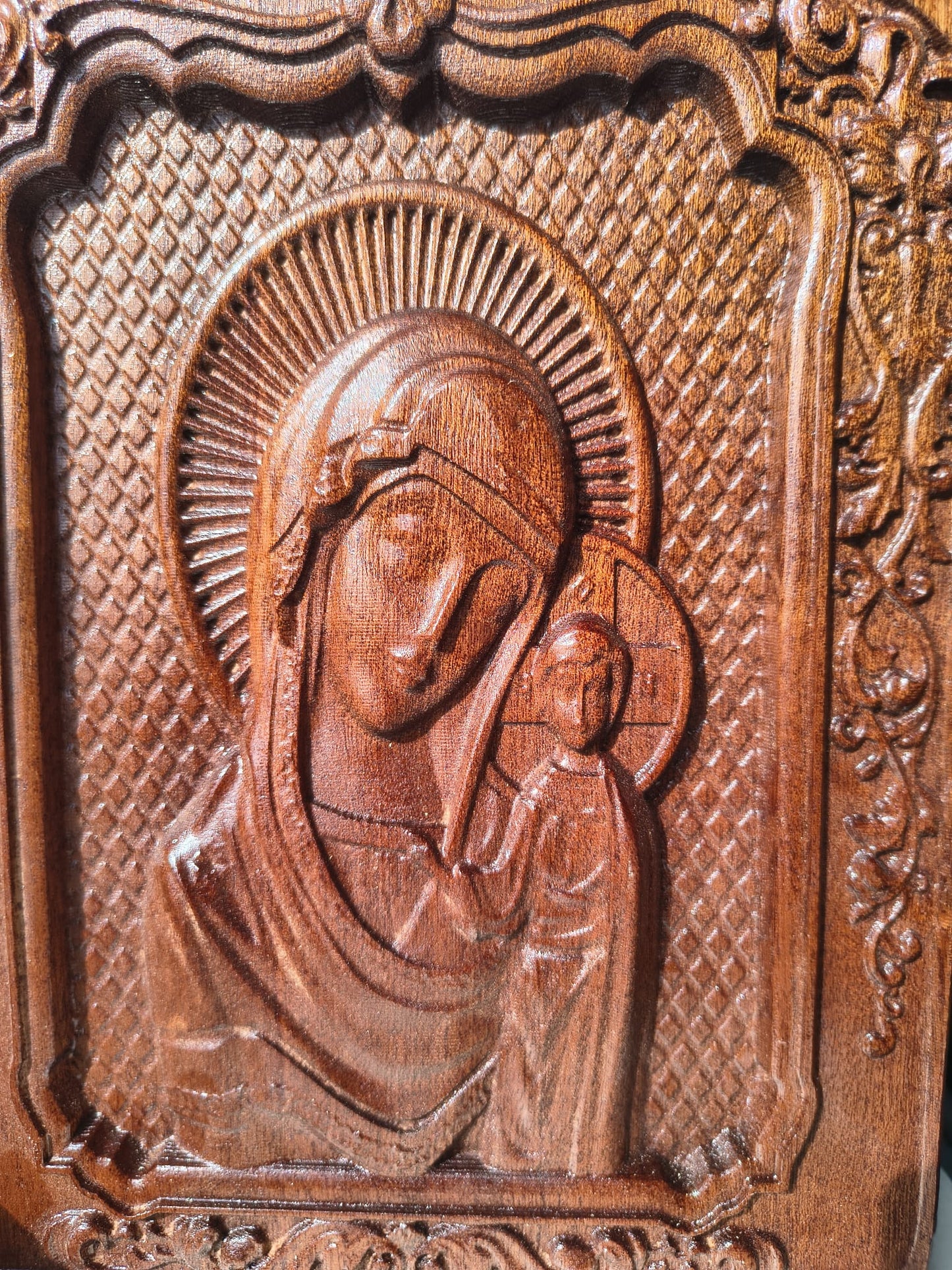 Icon of the Virgin Mary with Child – Mahogany, Relief Carving