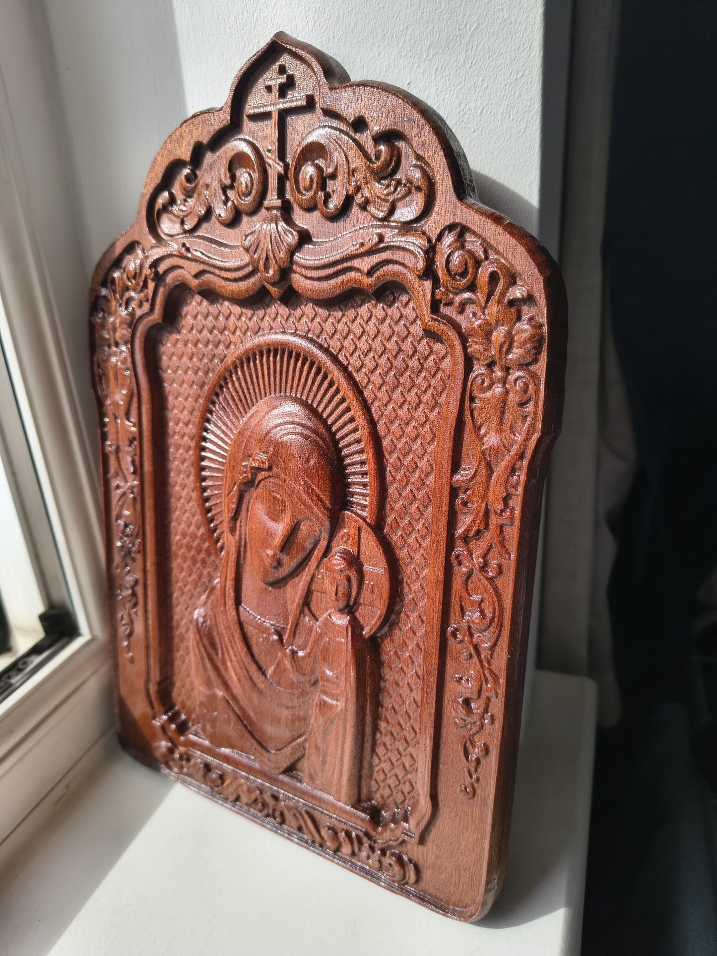 Icon of the Virgin Mary with Child – Mahogany, Relief Carving