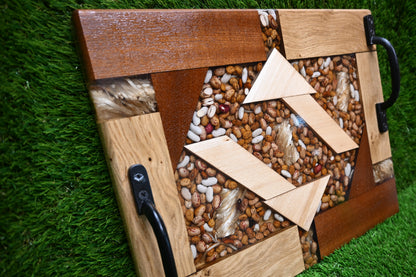 Decorative Tray Handmade serving board – Mixed Hardwood & Epoxy with Beans