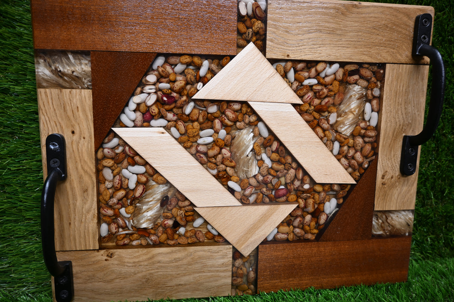 Decorative Tray Handmade serving board – Mixed Hardwood & Epoxy with Beans