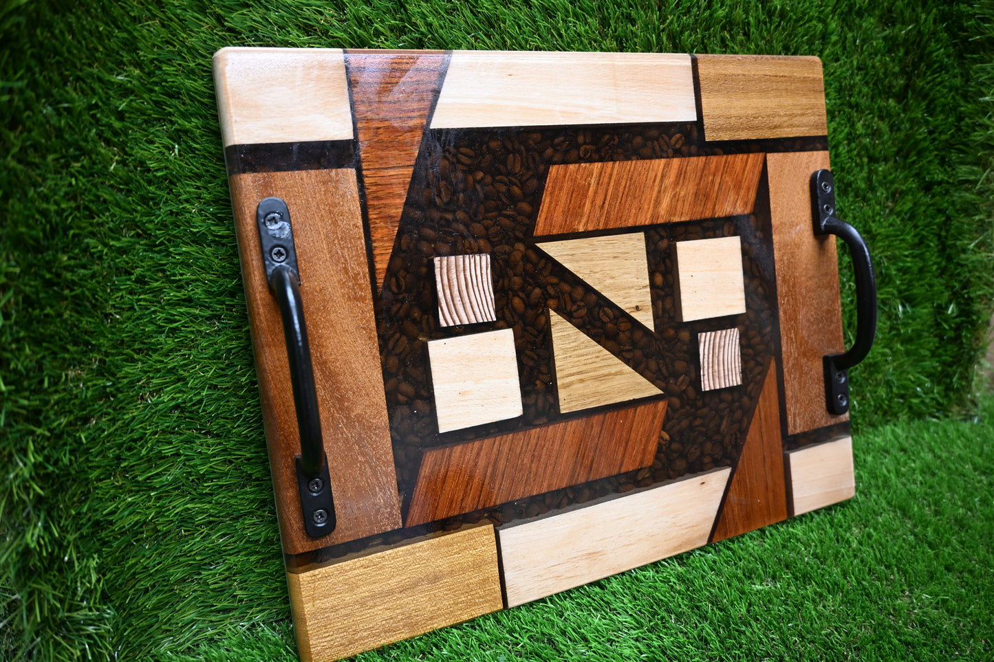 Decorative Tray Handmade serving board – Mixed Hardwood & Epoxy with Coffee Beans