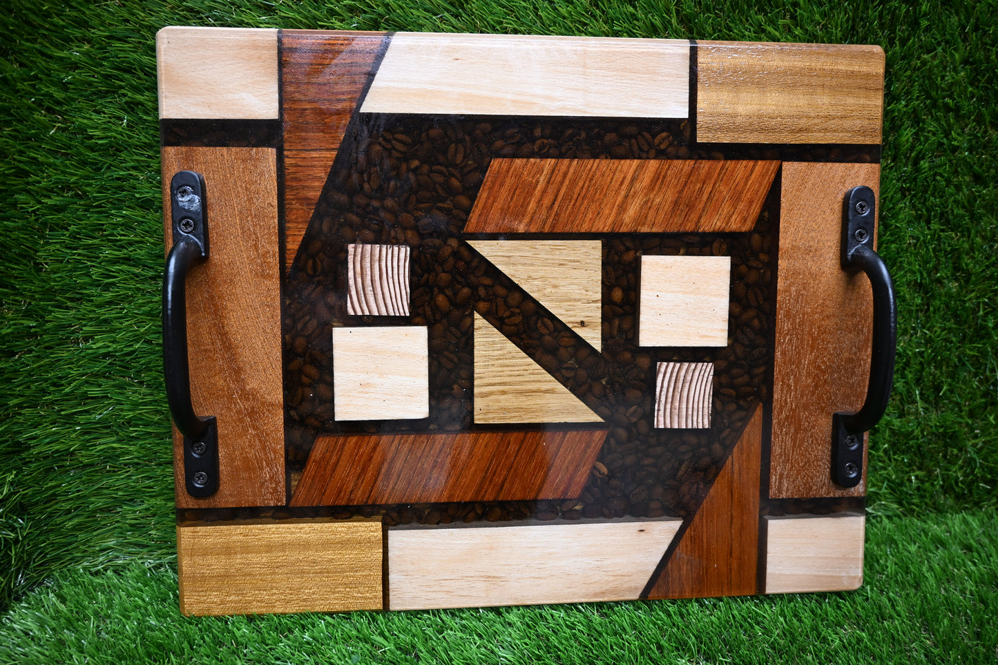 Decorative Tray Handmade serving board – Mixed Hardwood & Epoxy with Coffee Beans