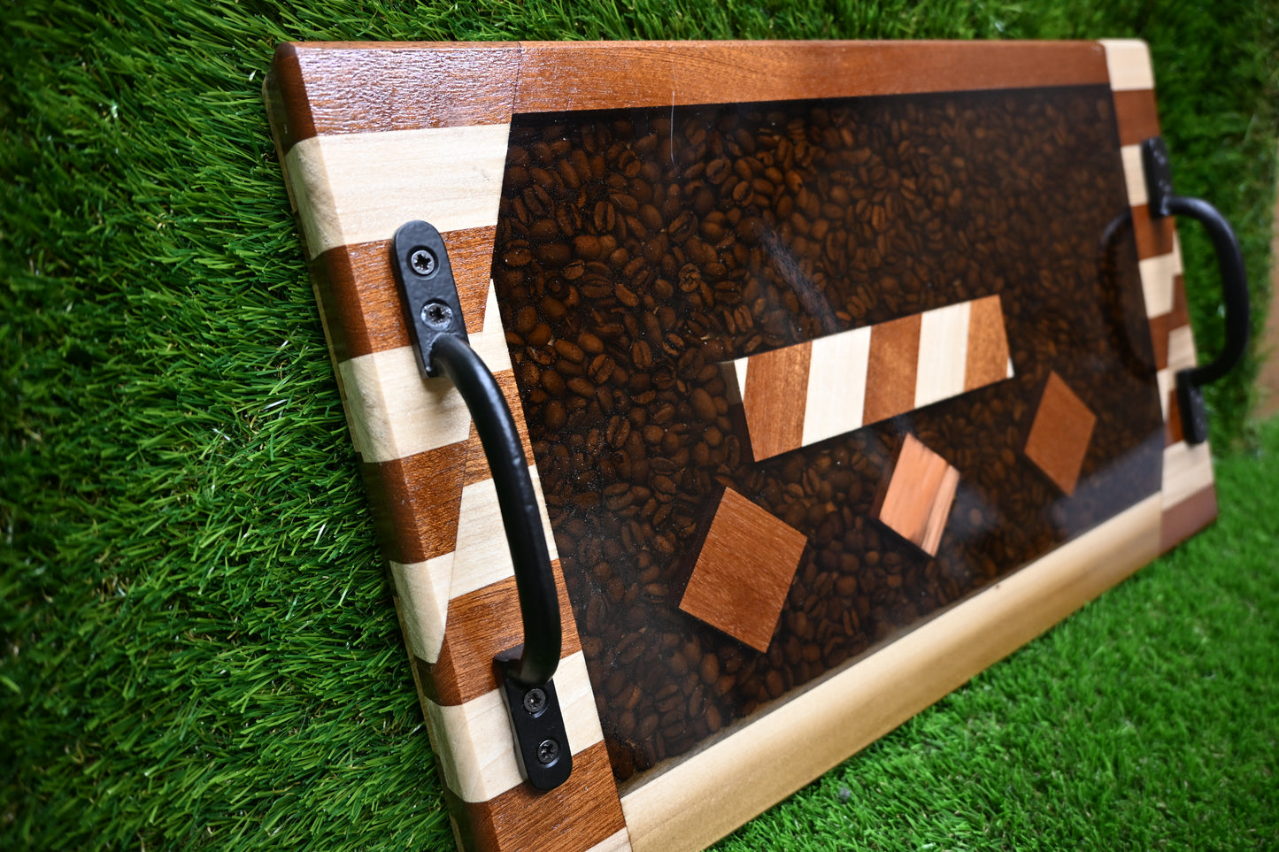 Decorative Handmade serving board – Mixed Hardwood & Epoxy with Coffee Beans