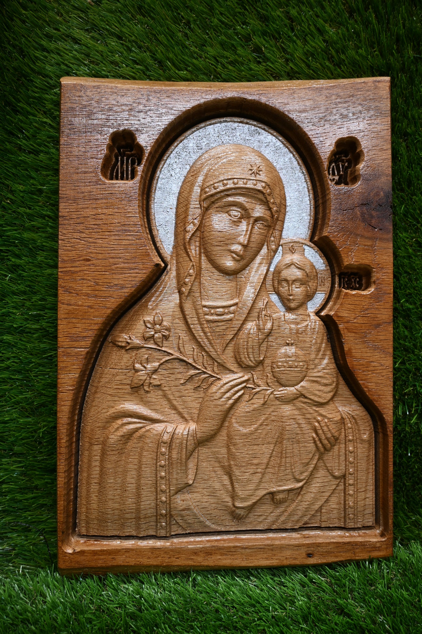 Carved Icon of the Virgin & Child – Live edge Oak