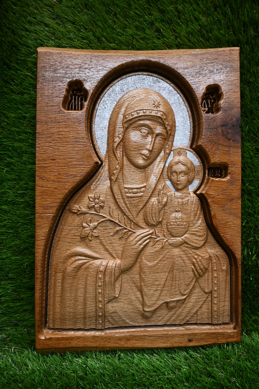 Carved Icon of the Virgin & Child – Live edge Oak