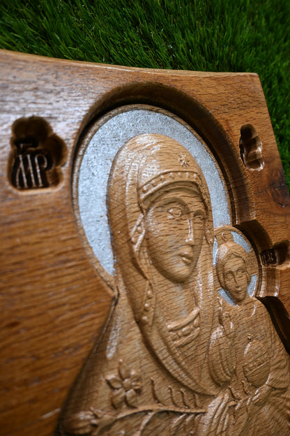 Carved Icon of the Virgin & Child – Live edge Oak