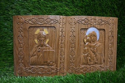 Double Page Book Carve Icon - Oak wood