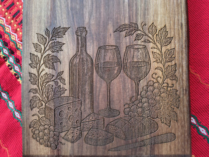Luxury Walnut Serving Board with Wine Motif – Art for True Connoisseurs