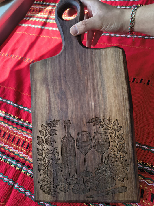 Luxury Walnut Serving Board with Wine Motif – Art for True Connoisseurs