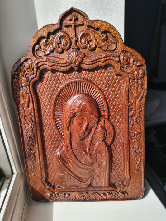 Icon of the Virgin Mary with Child – Mahogany, Relief Carving